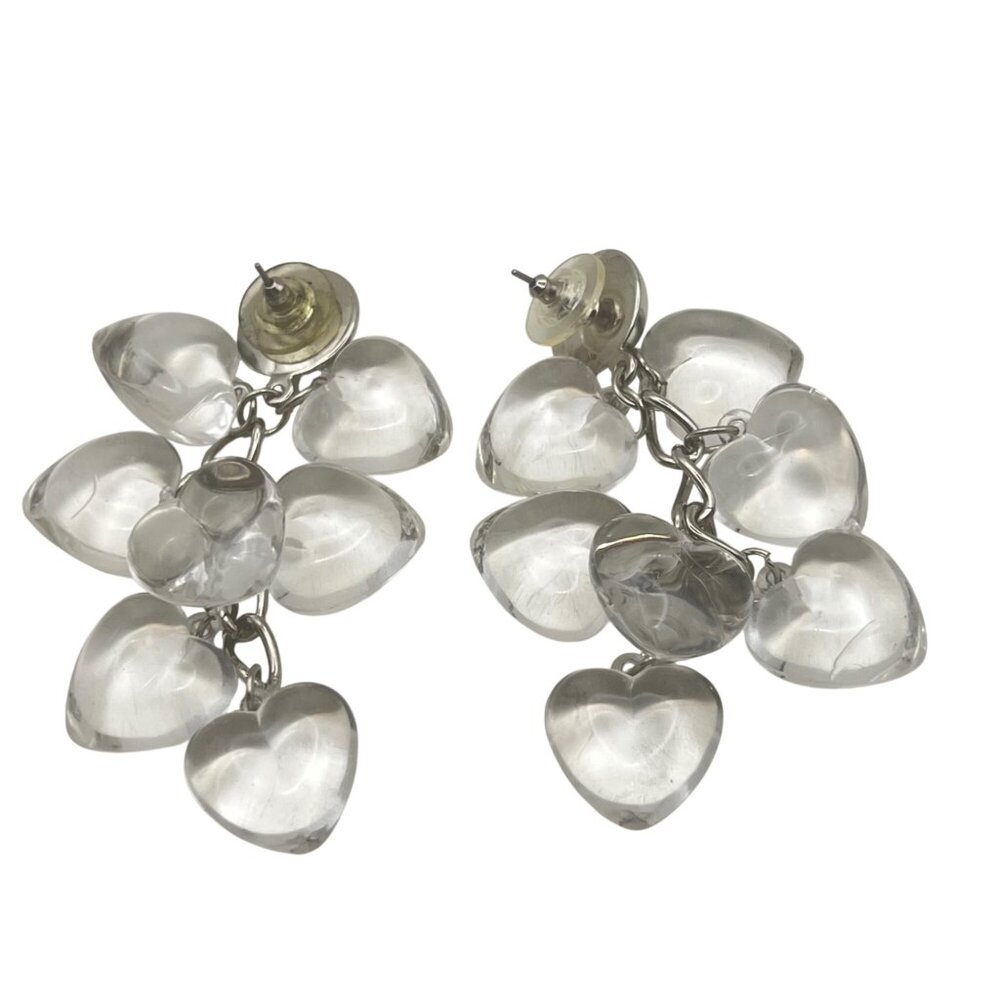 Vintage Clear Lucite Earrings Puffy Heart Silver-Tone Dangling 3" Y2K Statement - Picture 5 of 8